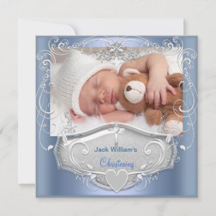 Convites Baby Boy Christening Baptism Blue Silver Cross