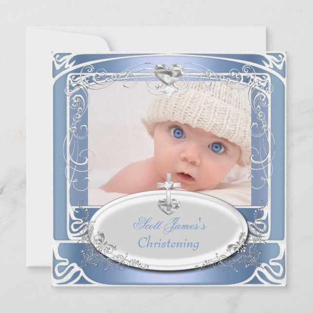 Convites Baby Boy Christening Baptism Blue White (Frente)