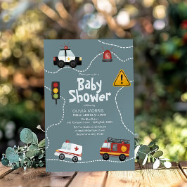 Convites Baby Boy Cute Blue Transport Chá de fraldas