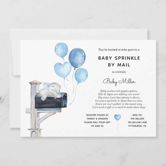 Convites Baby Boy Elephant Baby Sprinkle by Mail (Frente)