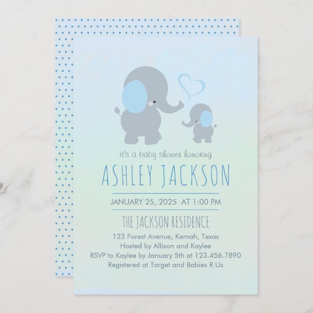Convites Baby Boy Elephant Chá de fraldas (Frente/Verso)