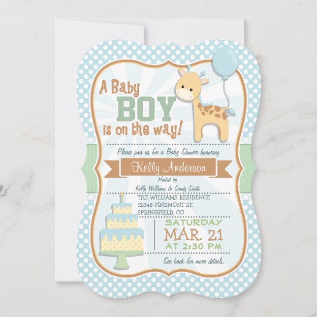 Convites Baby Boy Giraffe, Pastel Chá de fraldas Invite (Frente)