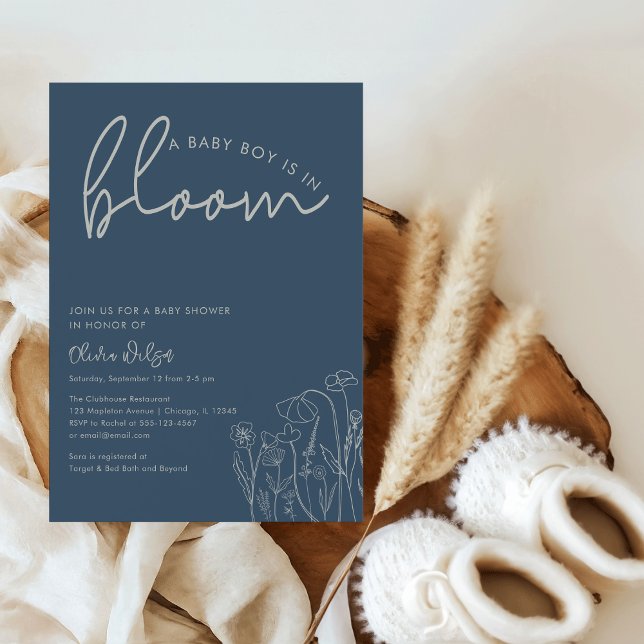 Convites Baby Boy in Bloom Topaz Blue Wildflower Baby Showe (A Baby Boy is in Bloom" Topaz Blue Wildflower Line Art Baby Shower Invitation)