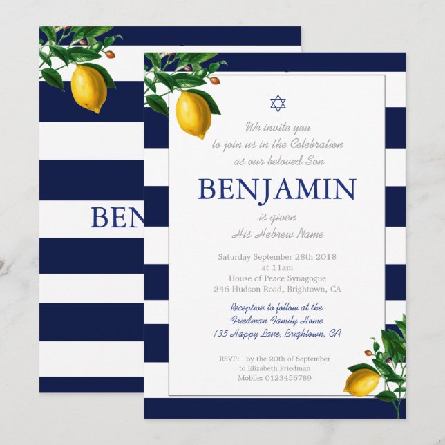 Convites Baby Boy Naming Ceremony Lemons Blue Jewish Hebrai (Frente/Verso)
