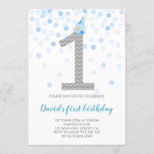 Convites Baby Boy Primeiro Aniversário Blue Confetti Boy P