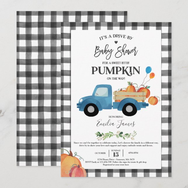 Convites Baby Boy Pumpkin Truck Pumpkin Fall Chá de fraldas (Frente/Verso)