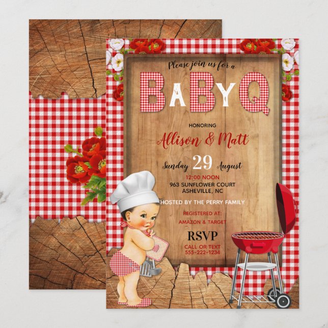 Convites Baby Boy Red Gingham Wood Flowers Baby Q Barbecue (Frente/Verso)