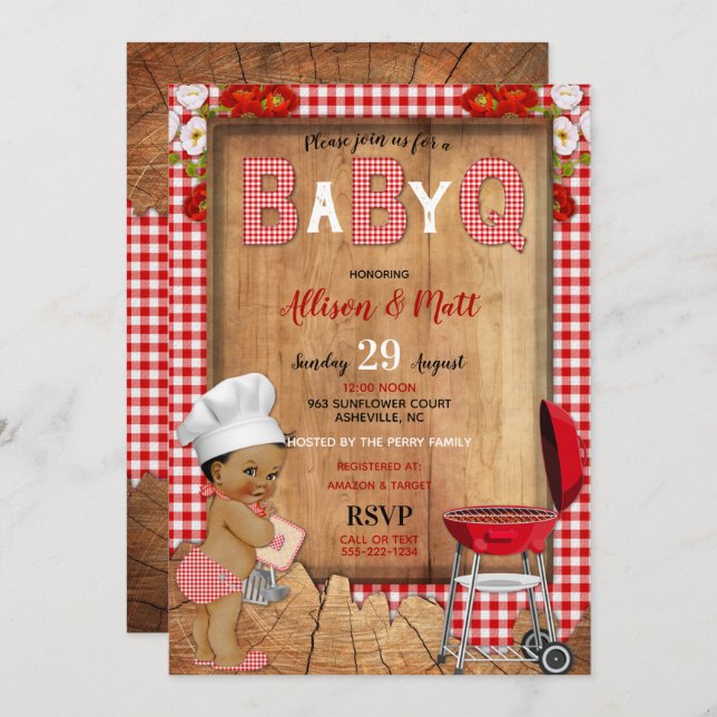 Convites Baby Boy Red Gingham Wood Flowers Baby Q Barbecue (Frente/Verso)