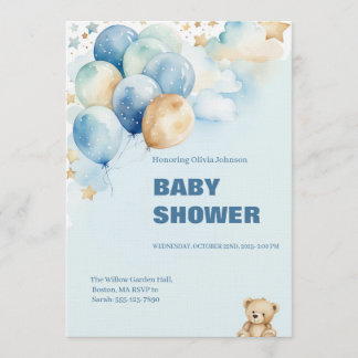 Convites Baby Boy Shower Invitation | Blue Teddy Bear