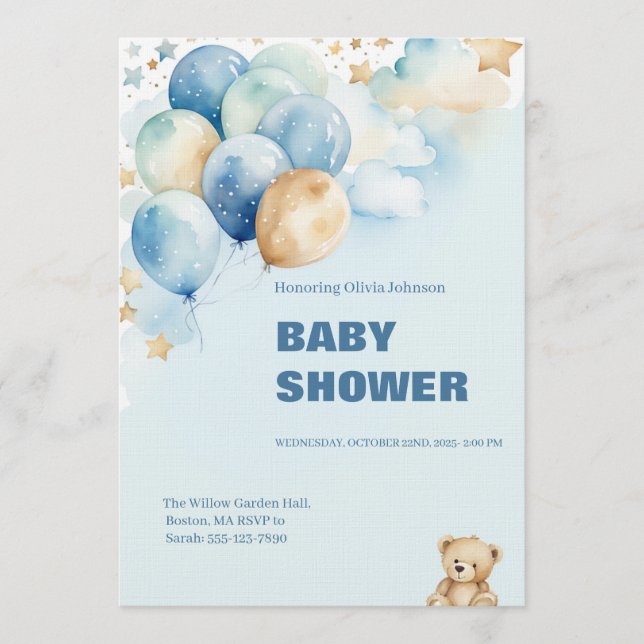 Convites Baby Boy Shower Invitation | Blue Teddy Bear (Frente)
