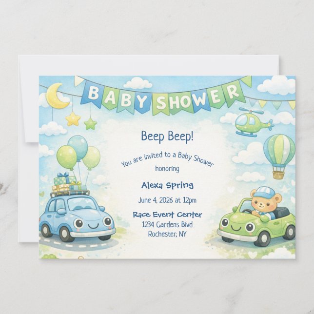 Convites Baby Boy Shower Invitation Car Theme (Frente)