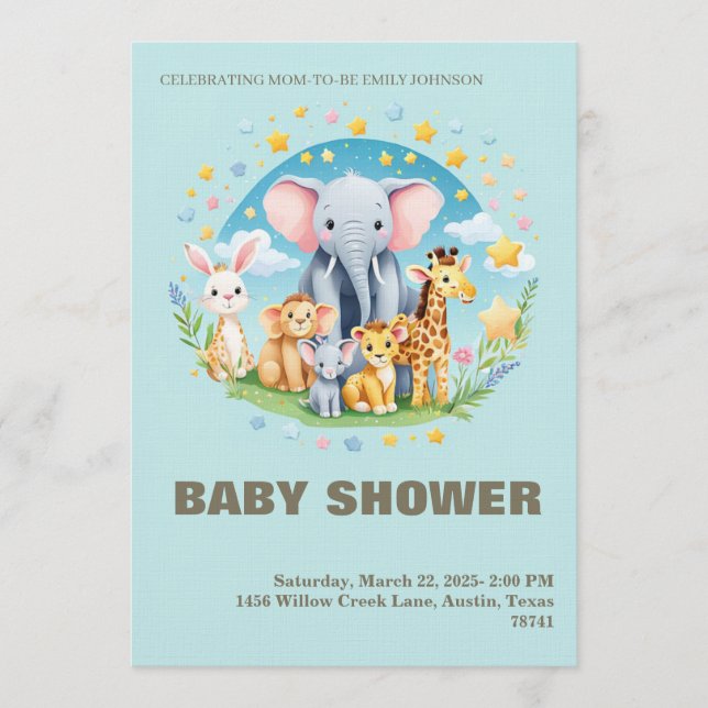 Convites Baby Boy Shower Invitation Cartoon Animals (Frente)