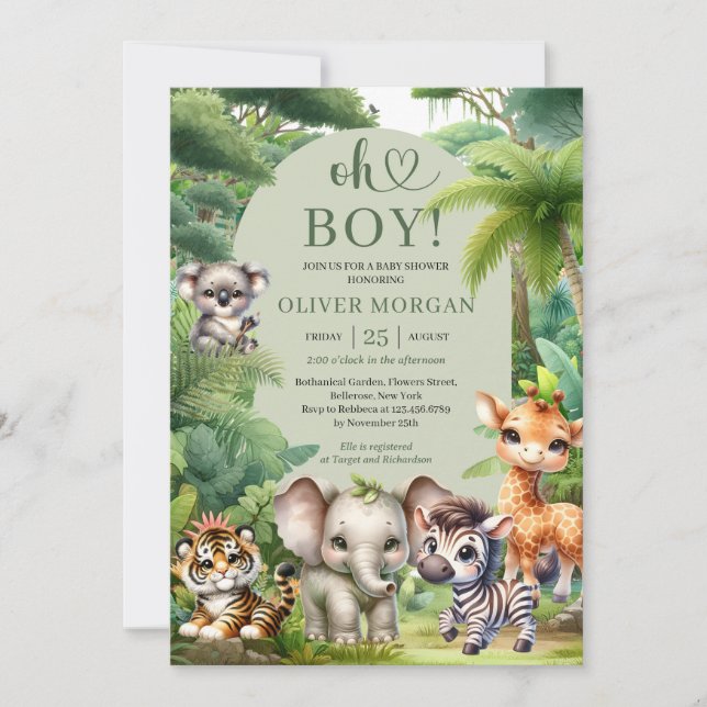 Convites Baby Boy Tropical Selgle Safari Animal Chá (Frente)