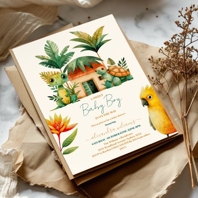 Convites Baby Boy Tropical Selgle Safari Animal Chá (Criador carregado)