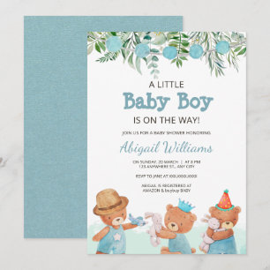 Convites Baby Boy Watercolor Chá de fraldas Urso de Teddy