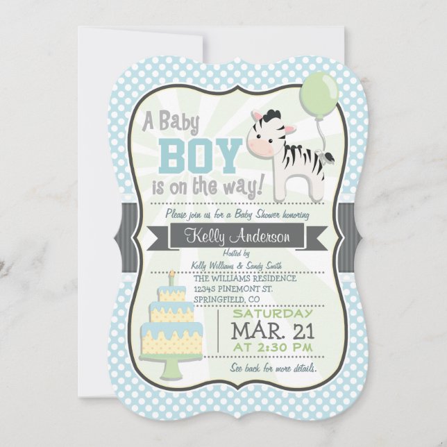 Convites Baby Boy Zebra, Pastel Chá de fraldas Invite (Frente)