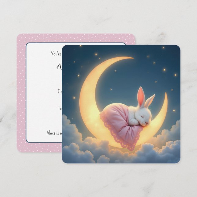 Convites Baby Bunny On Crescent Moon (Frente/Verso)