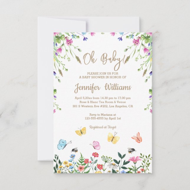 Convites baby, chá de fraldas neutro de gênero, chic floral (Frente)