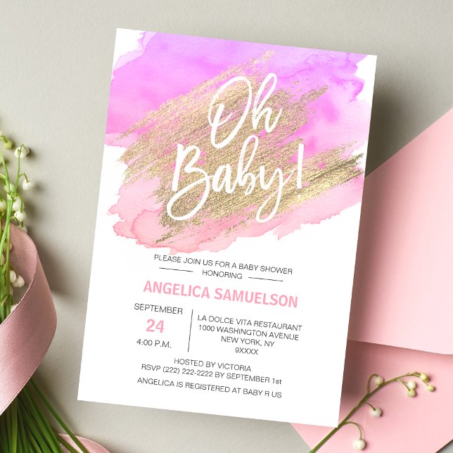 Convites BABY! Chá de fraldas rosa Dourado com aquarela (OH BABY! Watercolor Gold Pink Purple Baby Shower Invitation.  Modern & trendy invites for baby girl)