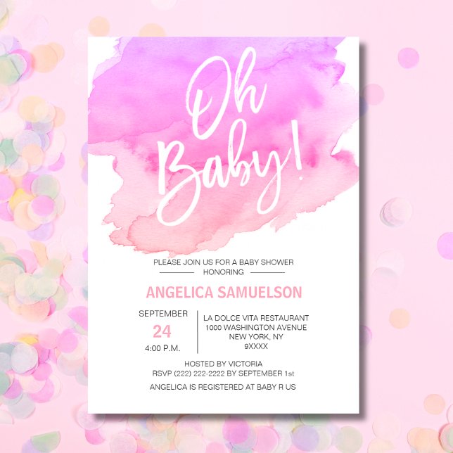 Convites BABY! Chá de fraldas Rosa Rosa Pêssego de Aquarela (OH BABY! Watercolor Peach Pink Purple Baby Shower Invitation)