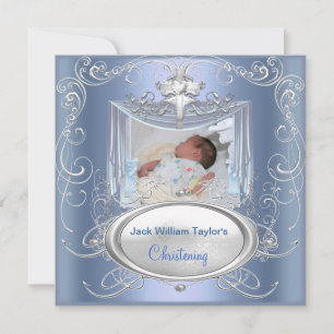 Convites Baby Christening Boy Blue Silver Cross