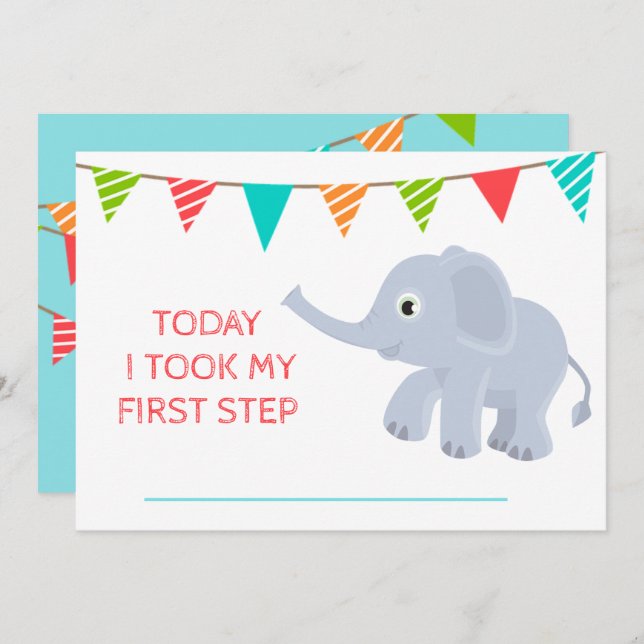 Convites Baby Cute Monthly Growth Blue Elephant (Frente/Verso)