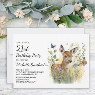 Convites Baby Deer Butterfly Foliage Floral aniversário de 