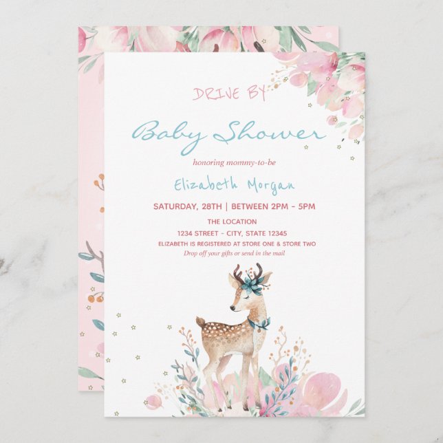 Convites Baby Deer Floral Drive Por Chá de fraldas (Frente/Verso)