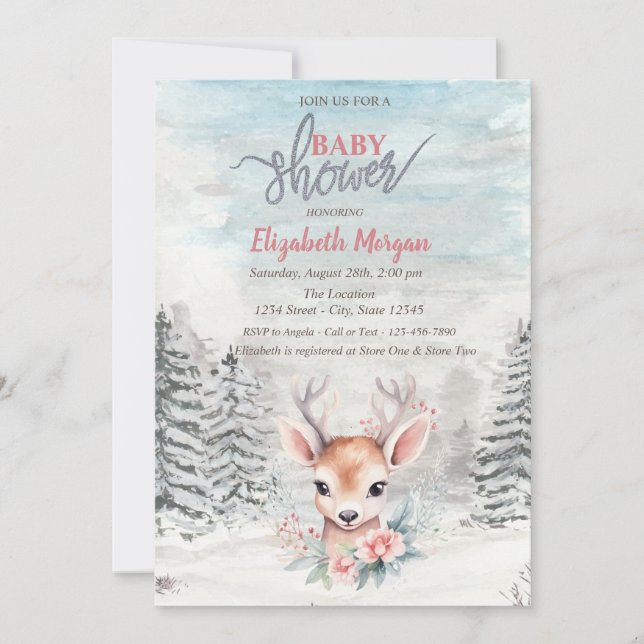 Convites Baby Deer Flower Forest Snow Baby Shower   (Frente)