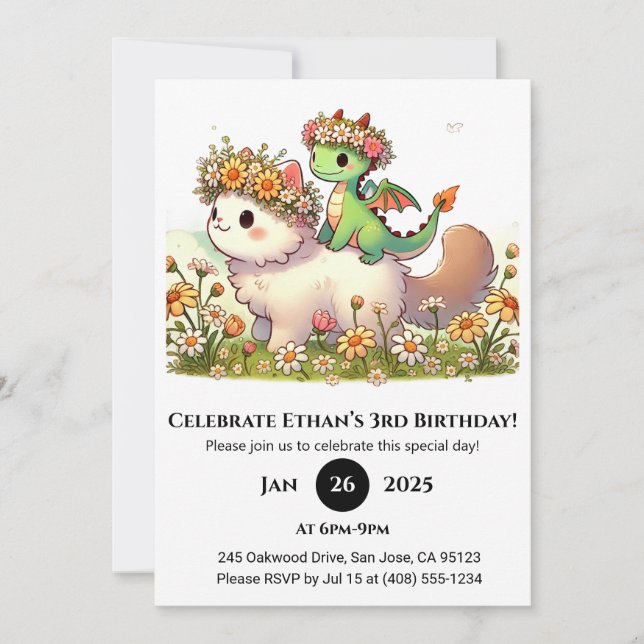 Convites Baby Dragon and Fluffy Cat in Flower Birthday (Frente)
