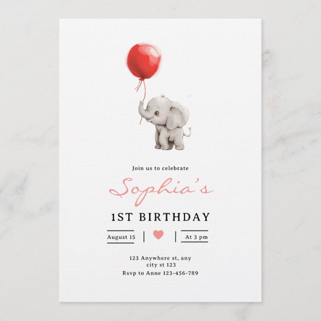 Convites Baby Elephant Birthday Invite, Kids 1st Birhday (Frente)