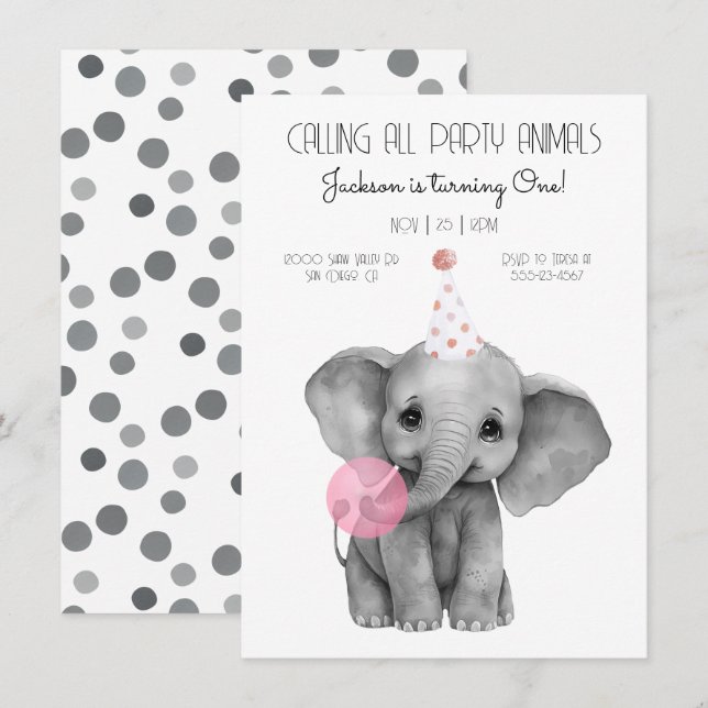 Convites Baby Elephant black and white Birday (Frente/Verso)