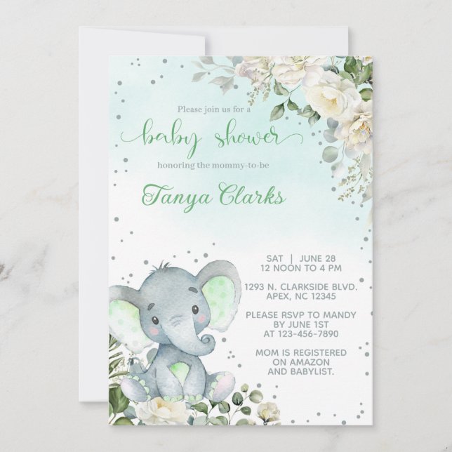 Convites Baby elephant & green flowers girl baby shower. (Frente)