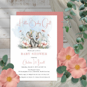 Convites Baby Elephant Hello Baby Girl Floral Chá de fralda