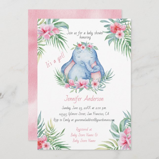 Convites Baby Elephant Tropical Floral Baby Chá (Frente/Verso)