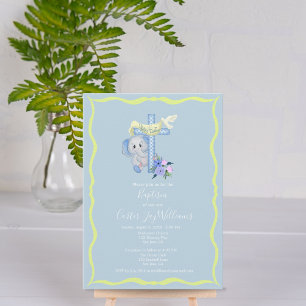 Convites Baby Elephant with Cross and Dove Baptism Card