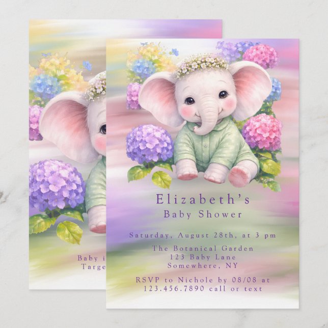 Convites Baby Elephant with Hydrangeas Baby Shower  (Frente/Verso)