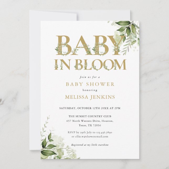 Convites Baby em Flor Gold Greenery Baby Shower (Frente)