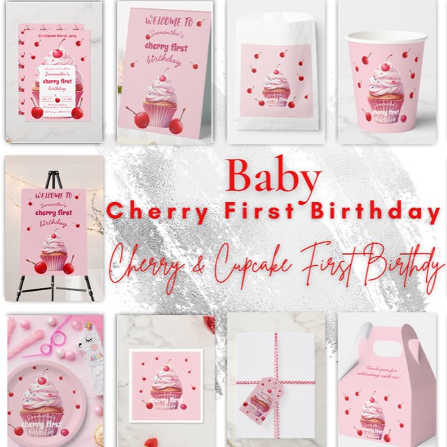 Convites Baby First Cherry & Cupcake Festa de aniversário (Criador carregado)