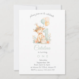 Convites Baby Girl 1st Birthday highland cow