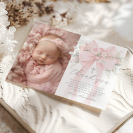 Convites Baby Girl Baptism Photo Floral Bow Thank you Card