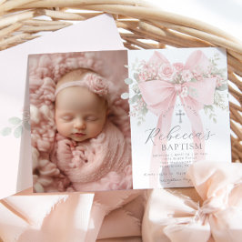 Convites Baby Girl Baptism Photo Floral Eucalyptus Bow