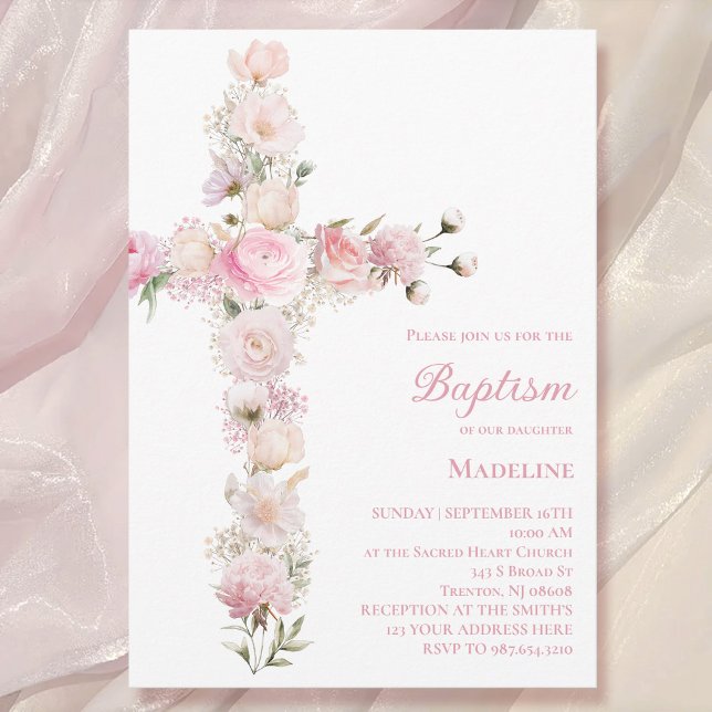 Convites baby girl Baptism pink floral cross  (Criador carregado)