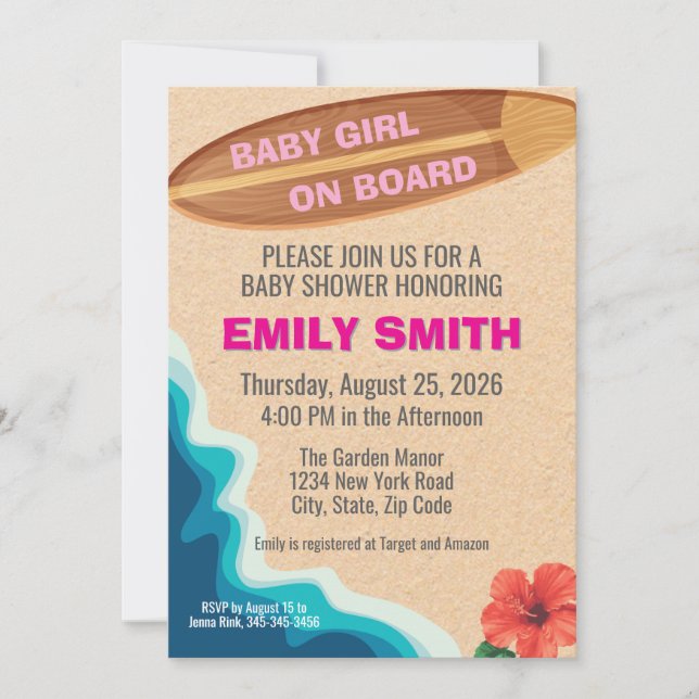 Convites Baby Girl Board Surfboard Baby Shower Invitation (Frente)