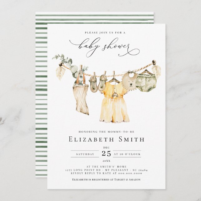 Convites Baby Girl Boho Greenery Chá de fraldas Russo (Frente/Verso)