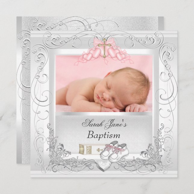 Convites Baby Girl Christening Baptism White Pink (Frente/Verso)