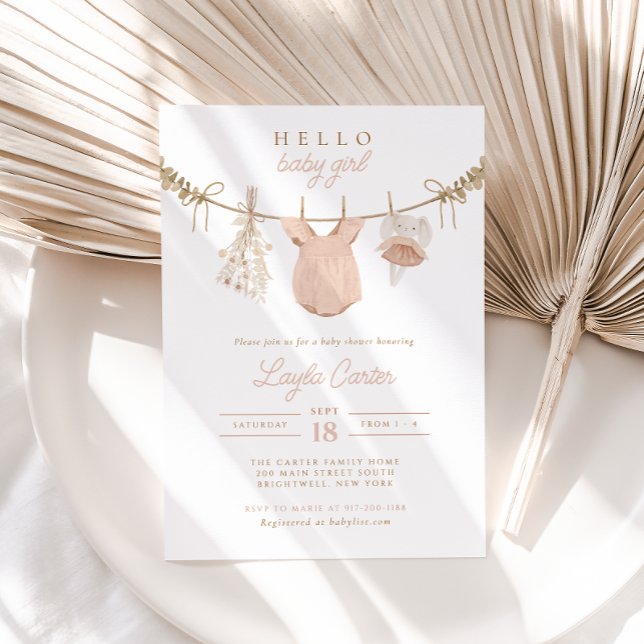 Convites Baby Girl Clothline Blush Pink Boho Chá de fraldas (Criador carregado)