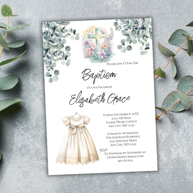 Convites Baby Girl Cross Eucalyptus Vestir Baptism Lunchee (Baptism Christening White Baptism Dress Floral Cross Eucalyptus Baptism Invitation with Luncheon)