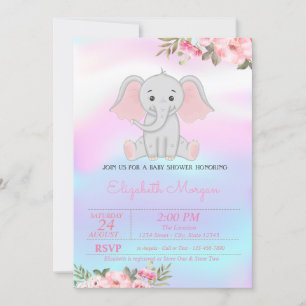 Convites Baby Girl Elephant, Floral Holographic Chá de fral