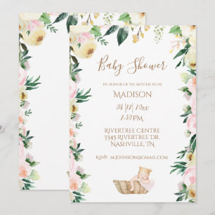 Convites Baby Girl Link Floral Script Elegante Chá de fral